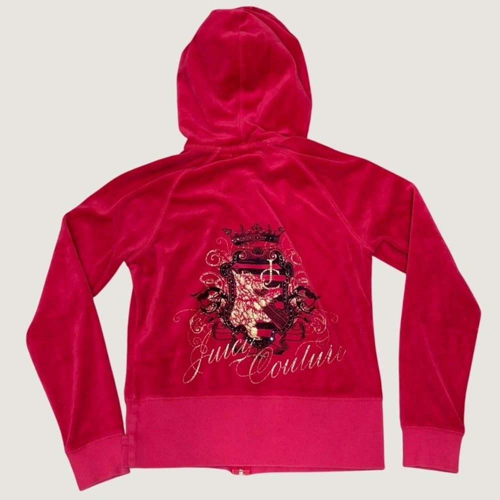 2000s Juicy Couture Hot Pink Velour Zip Up Hoodie Dog Crest Rhinestone Graphic L